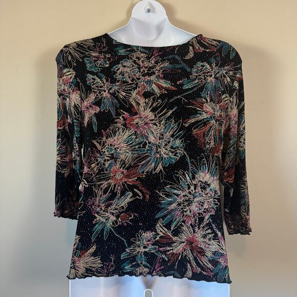 All Hours Sz L Lurex Glitter Floral Print Crinkle Texture Ruffle Trim Top Blouse - Picture 7 of 10